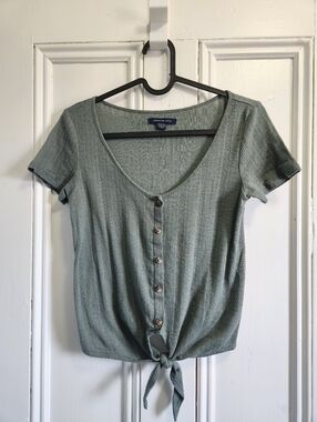 American Eagle Henley Tie Front Crop Top Green - Size XS